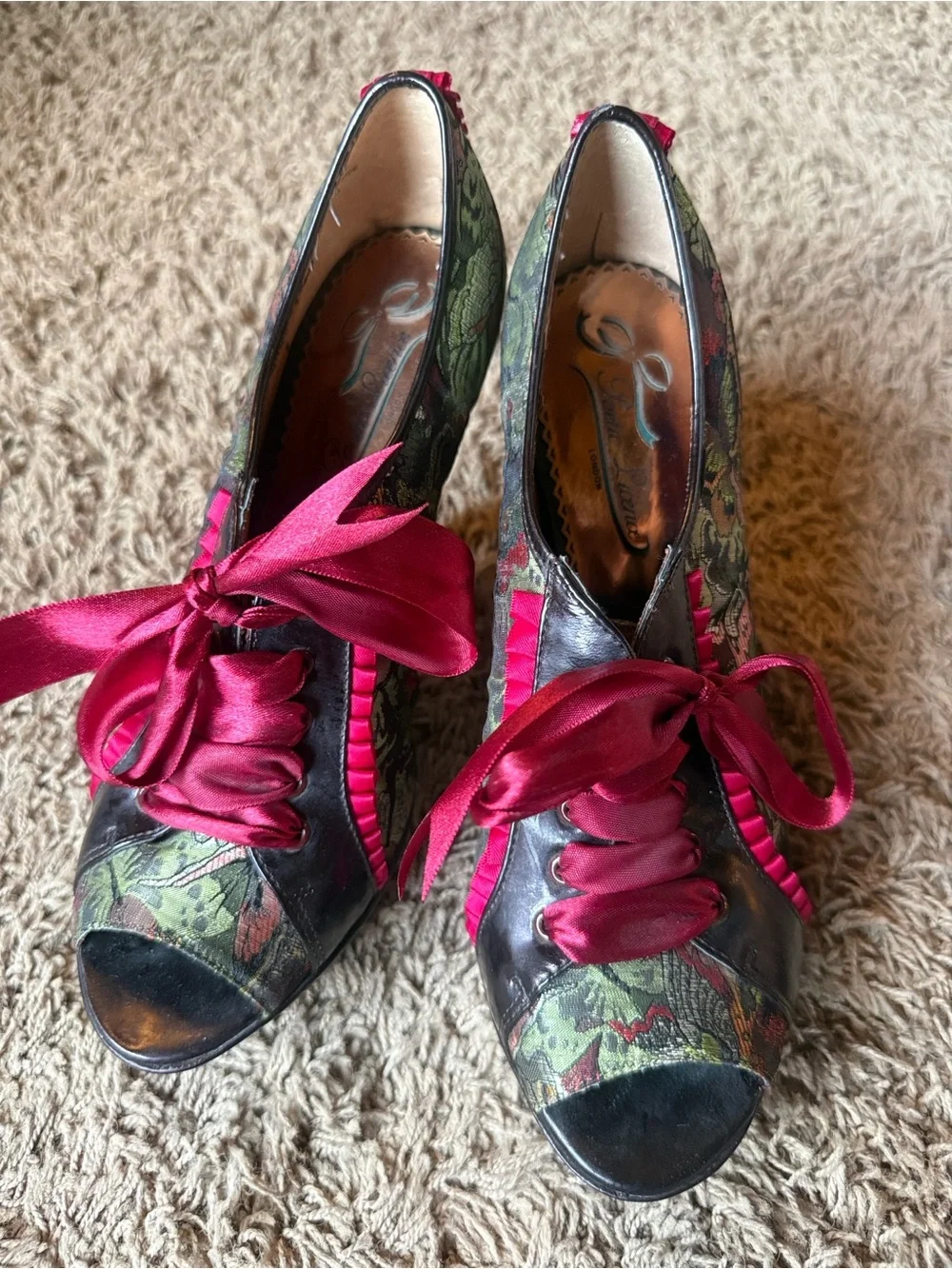 Poetic License Floral Brocade Peep-Toe Heels with Fuchsia Satin Laces